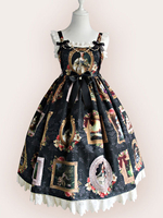 Doux Lolita JSK Robe Imprimé Versailles Filles à Volants Noir Lolita Robe à BretelleDéguisements Halloween