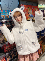 Doux Lolita Manteaux Manteau blanc imprimé animal Pardessus Polyester Automne Lolita outwears Ours mignon oreilles