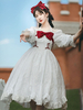 Doux Lolita OP robe blanc manches longues à lacets volants Lolita Une Pièce chic avec nœud rouge