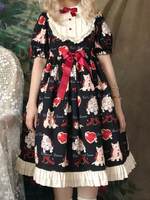 Doux Lolita Op Robe Noir Polyester Chat Motif Chat Volants Été Lolita One Piece Robes