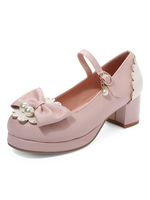 Doux Lolita Pump Pink Bows Pearl Synthétique Cuir Chunky Heel Lolita Chaussures Déguisements Halloween