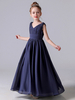 Encre Bleu Fleur Fille Robes Col V Sans Manches Fermeture À Glissière Cheville Longueur En Mousseline De Soie Enfants Robes De Fête Sociale