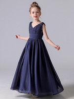 Encre Bleu Fleur Fille Robes Col V Sans Manches Fermeture À Glissière Cheville Longueur En Mousseline De Soie Enfants Robes De Fête Sociale