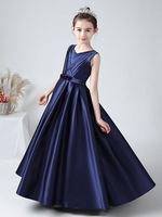 Encre Bleu Robes De Fille De Fleur Col En V Sans Manches Fermeture À Glissière Polyester Arcs Longueur De La Cheville Une Ligne Applique Enfants Robes De Fête