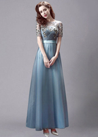 Encre bleue robe Illusion Tulle robe de partie Applique Manche courte cheville longueur Homecoming robe de bal