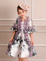 Enfants Cadeau Noël Costume Filles Robe Rococo Blanc Imprimé Volants Demi Manches Robe Royale Vintage Robe de Princesse Déguisement Halloween Baptême