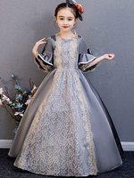 Enfants Cadeau Noël Costumes Style Victorien Floral Dentelle Gris Royal Vintage Robe de Princesse Fille Déguisement Baptême Halloween