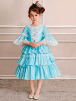 Enfants Cadeau Noël Rétro Costume Princesse Cosplay Filles Robe Rococo Bleu Volants Dentelle Vintage Déguisements Halloween