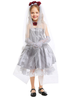 Enfants Corpse Mariée Cosplay Robe En Argent Gants Tulle Costumes Pour Enfants De Cosplay Déguisements Halloween