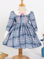 Enfants Sweet Lolita Robe Bleu Volants Dentelle Arcs Manches Courtes Polyester Sweet Lolita Robes Une Pièce