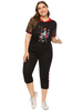 Ensemble 2 pièces grande taille pour femme à capuche à manches courtes T-shirt à cordon de serrage imprimé Pantalon fuselé Tenue décontractée