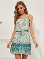 Ensemble 2 pièces pour femmes; bretelles en coton bleu ciel clair; cou imprimé floral; haut bohème; tenue dété sans manches