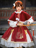 Ensemble de 2 pièces Lolita de style chinois rouge à lacets pompons arcs manches longues robe de cape tenue