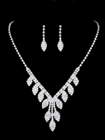 Ensemble de bijoux de mariage en argent avec motif de feuilles en strass et collier avec boucles d\