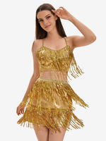 Ensemble De Danse Latine À Paillettes Dorées Franges Sexy Costume De Danse