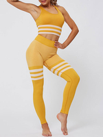 Ensemble de deux pièces en nylon jaune avec rayures en U et tenue de sport sans manches pour les femmes