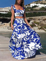 Ensemble de deux pièces en polyester bleu à col carré imprimé floral avec jupe longue décontractée pour les femmes