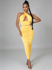 Ensemble de deux pièces en polyester jaune à col en V plissé sexy tenue dété sans manches