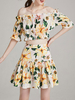 Ensemble de deux pièces en polyester jaune imprimé floral Top Summer Boat Neck Outfit pour les femmes