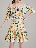 Ensemble de deux pièces en polyester jaune imprimé floral Top Summer Boat Neck Outfit pour les femmes