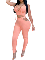 Ensemble de deux pièces en polyester rose à lacets pantalon décontracté sans manches pour femme