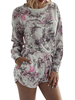 Ensemble de deux pièces en polyester rose imprimé à manches longues décontracté à col bijou avec un short