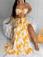 Ensemble de deux pièces Jupe longue imprimée florale orange sans bretelles en polyester Tenue 2 pièces