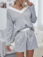 Ensemble de deux pièces Sweat-shirt à col en V avec cordon de serrage en polyester gris avec pantalon à cordon de serrage