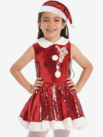 Ensemble de Noël pour fille robe chapeau rouge costumes de vacances de Noël en polyester