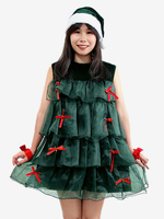 Ensemble de Noël Robe Vert Foncé Accessoire Chapeau Costumes de Vacances de Noël
