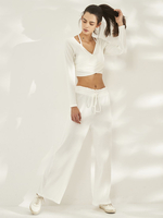 Ensemble de sport pour adulte et femme col en V lacets manches longues taille haute vêtements de sport