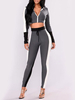 Ensemble Deux Pièce de Sport Femme Taille Haute à Col Revers avec Manches Longues à Zip Pantalon Long Coupe Cintrée à Lacets Moulant