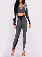 Ensemble Deux Pièce de Sport Femme Taille Haute à Col Revers avec Manches Longues à Zip Pantalon Long Coupe Cintrée à Lacets Moulant