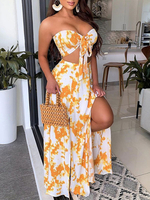 Ensemble Deux Pièce Imprimé Taille Haute à Col Décolleté à Lacets avec Epaule Dénudée Jupe Longue avec Fente Bicolores Sexy
