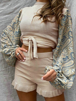 Ensemble deux pièces abricot clair pour femme Tenue à manches longues en polyester à col ras du cou
