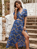 Ensemble deux pièces bleu royal pour femme en polyester col en V imprimé à manches courtes robe longue bohème