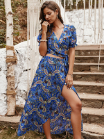 Ensemble deux pièces bleu royal pour femme en polyester col en V imprimé à manches courtes robe longue bohème