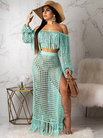 Ensemble Deux Pièces en Maille Femme Creusante Taille Haute avec Manches Longues avec Franges avec Epaule Dénudée Jupe Longue avec Fente Unicolore
