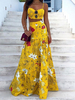 Ensemble Deux Pièces Imprimé Fleurie en Mousselines Taille Haute avec Bretelles à Col Décolleté en V Jupe Longue Bas Evasée Bicolores