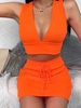 Ensemble deux pièces orange rouge pour femmes en coton décontracté automne sans manches avec col en V