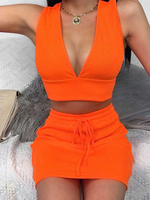 Ensemble deux pièces orange rouge pour femmes en coton décontracté automne sans manches avec col en V