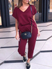 Ensemble deux pièces T-shirt à manches courtes bordeaux avec pantalon pour femme