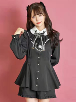 Ensemble Gothiques Lolita Noir Volants Manches Longues Short Top Nœud Papillon