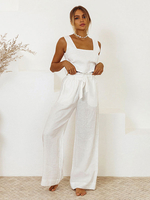 Ensemble Pantalon Blanc Décontracté À Lacets Coton Lin Deux Pièces