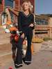 Ensemble Pantalon Pull Manches Longues Col En V Noir Chic Bicolore Décontracté
