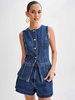 Ensemble Pantalon Top Sans Manches Bleu Polyester Boutons Décontracté En Denim