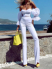 Ensemble Tailleur Pantalon Pour Femme Deux Pièces Femme avec Manches Longues avec Epaule Dénudée Pantalons Longs Unicolore