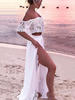 Ensemble Tailleur Pantalon Pour Femme Deux Pièces Femmes en Dentelles Robes en Plages Top avec Epaules Nues avec Manches Courtes Volantes Jupes Longues Fente Latérale Unicolore Sexy