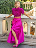 Ensemble Top Col Haut Manches Courtes Jupe Fendue Rose Party Paillettes Élégant