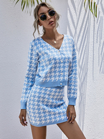 Ensemble Top et Jupe Femmes Imprimé Pied-de-Poules Top à Col V Fermeture avec Boutons avec Manches Longues Taille Haute Jupe Droite Moulante en Côtelés Ensemble Top et Pantalons Femmes
